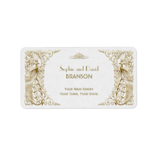 Glamous White Guld Art Deco Peacocks Bröllop Adressetikett