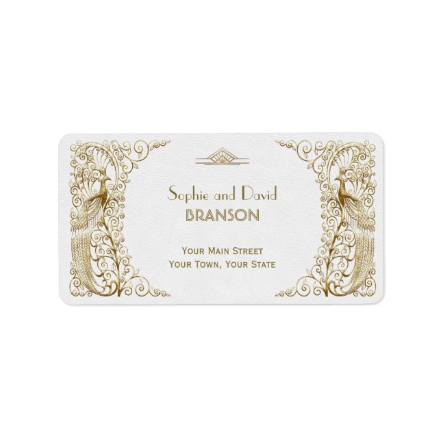 Glamous White Guld Art Deco Peacocks Bröllop Adressetikett (Framsidan)