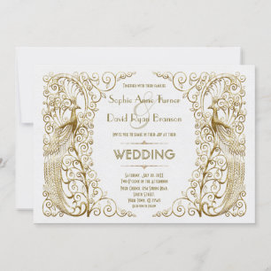 Glamous White Guld Art Deco Peacocks Bröllop Inbjudningar