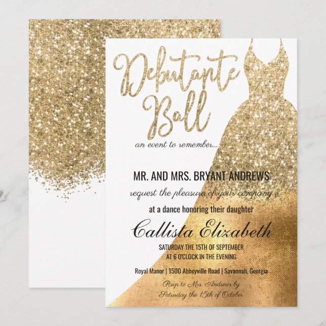 Glamous White Guld Glitter Dress Debutante Dance Inbjudningar (Fram/baksida)