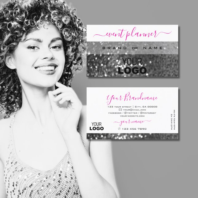 Glamous White Silver Sparkling Glitter med Logotyp Visitkort (Skapare uppladdad)