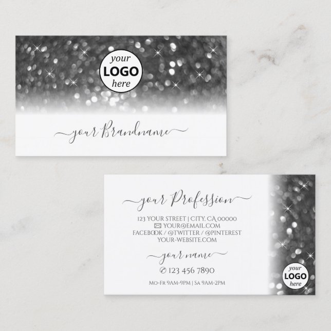 Glamous White Silver Sparkling Glitter med Logotyp Visitkort (Fram/baksida)