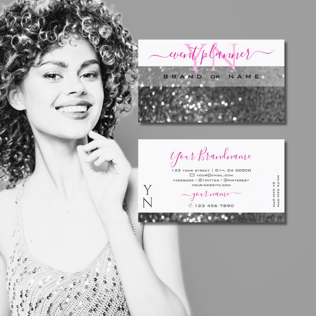 Glamous White Silver Sparkling Glitter Monogram Visitkort (Skapare uppladdad)