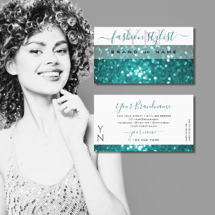 Glamous White Teal Gnistra Glitter med Monogram Visitkort
