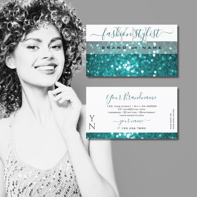 Glamous White Teal Gnistra Glitter med Monogram Visitkort (Skapare uppladdad)