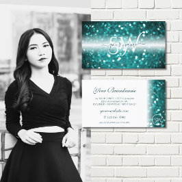 Glamous White Teal Sparkling Glitter Initialer Visitkort