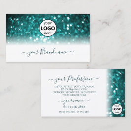 Glamous White Teal Sparkling Glitter med Logotyp Visitkort