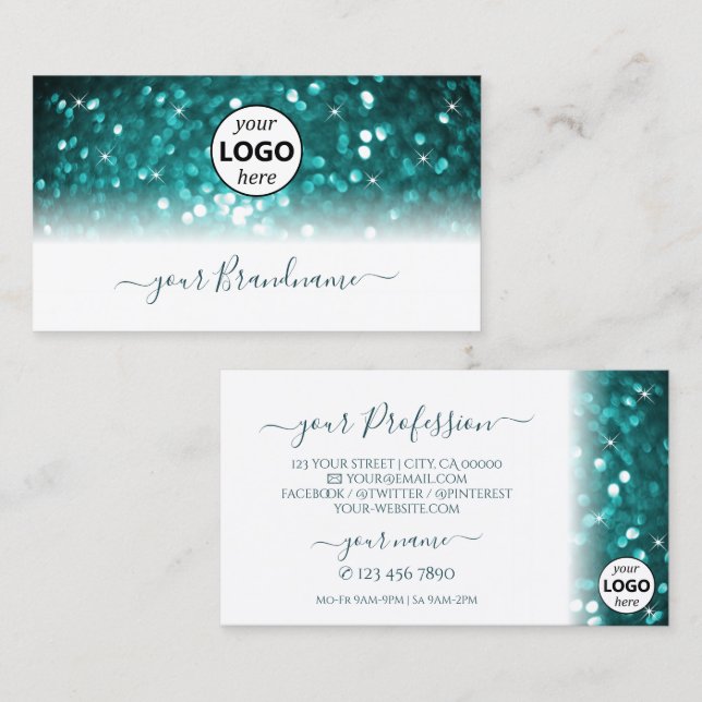 Glamous White Teal Sparkling Glitter med Logotyp Visitkort (Fram/baksida)