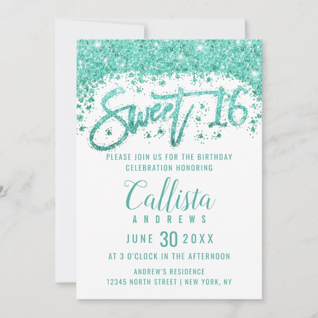 Glamous White Turcos Glitter Dust Sweet 16 Inbjudningar (Framsida)