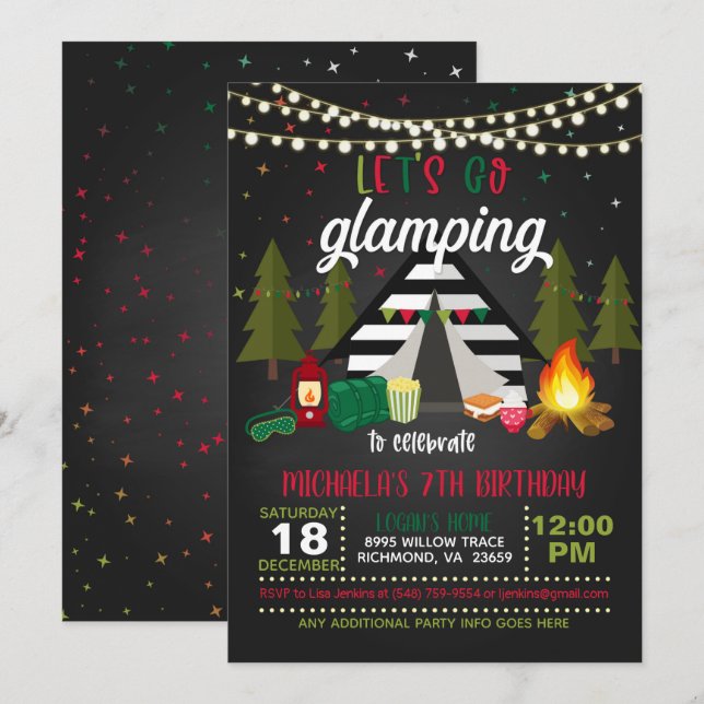 Glamping Birthday bjudande - Jul Inbjudningar (Fram/baksida)