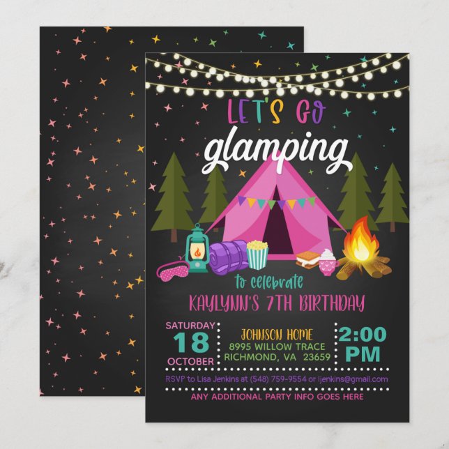 Glamping Birthday-inbjudan Inbjudningar (Fram/baksida)