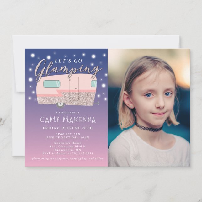 Glamping Födelsedagsfest Bedazzled Photo Inbjudningar (Framsida)