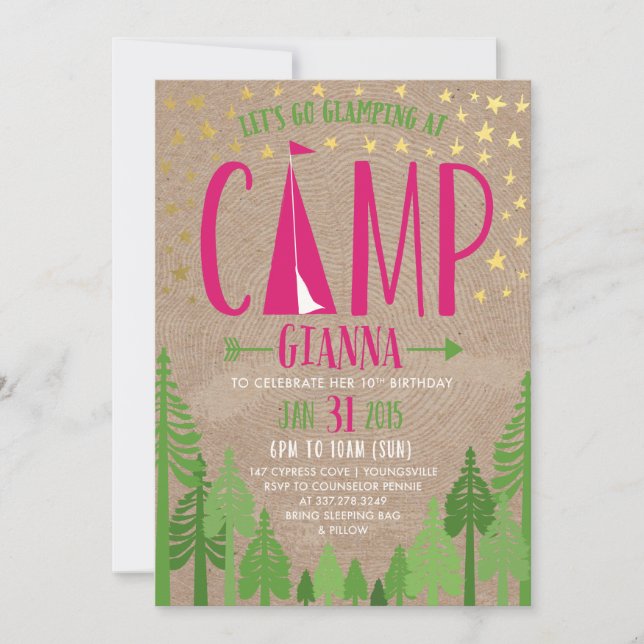 Glamping Födelsedagsfest inbjudan för Pennie (Framsida)