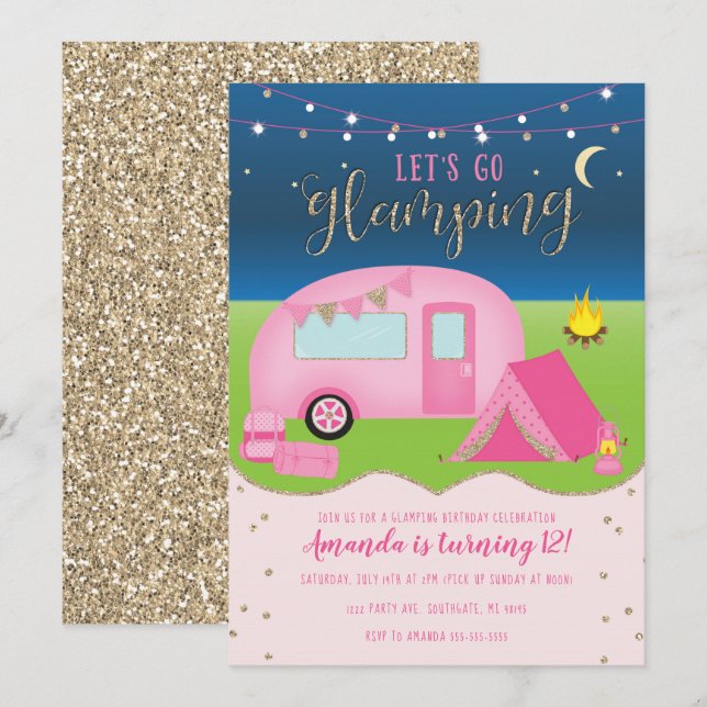 Glamping Girls Camping Birthday-inbjudan Inbjudningar (Fram/baksida)