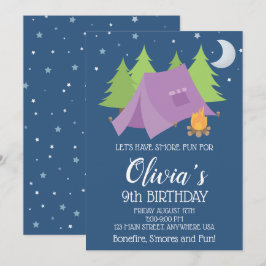 Glamping Girls Lila Camping Sleepover-födelsedag Inbjudningar