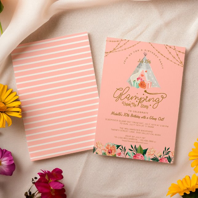 Glamping under stenarna Tepee Rosa & Guld Camping Inbjudningar (Glamping Under the Stars Tepee Pink & Gold Camping Invitation)