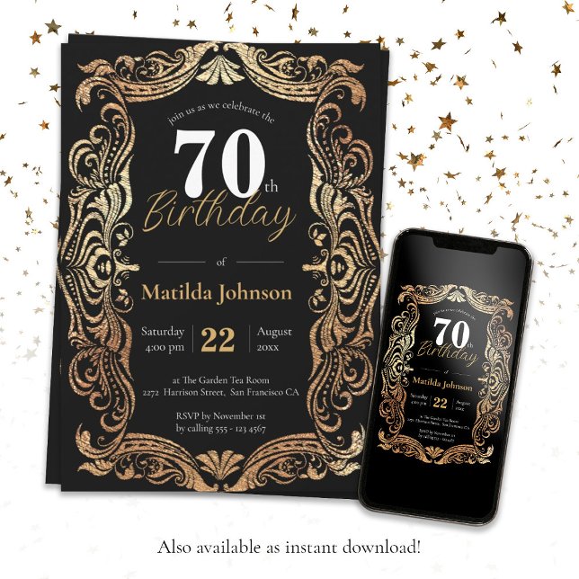 Glamustig 70:e födelsedag Guld Black Boho Elegant Inbjudningar (Glamorous 70th Birthday Gold Black Boho Elegant Invitation)