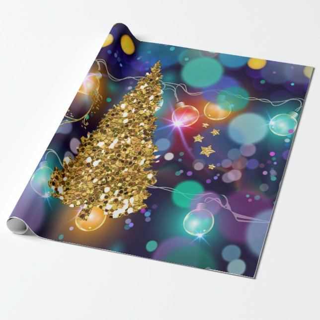 Glande jul Ljus Bokeh Golden Träd Presentpapper (Utrullad)