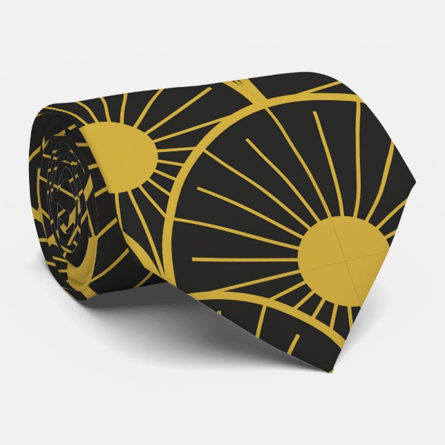 Glänsande Art Deco Guld Sol Mönster på Svart  Slips (Rullad)