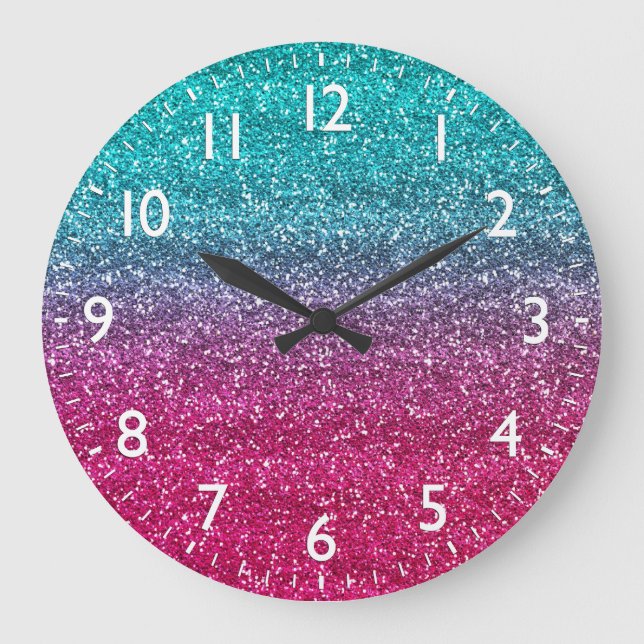 Glänsande blå och mörk rosa gradient glitter stor klocka (Framsida)