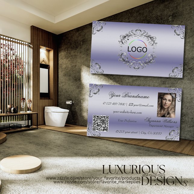 Glänsande Blå Silver Dekor Logo Foto och QR-kod Visitkort (Skapare uppladdad)