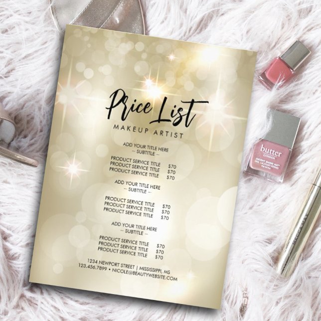 Glänsande flygblad med gnistrande rea kampanj  (#shinypricelist #zazzlemade #elegantopalpricelist #sparkle #light #bright #salepromotion #listofsale)