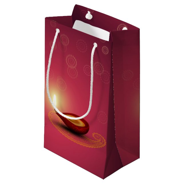 Glänsande Glad Diwali Diya - Liten Presentpåse (Framsidan Vinklad)