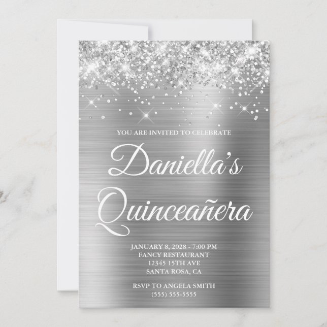 Glänsande glitter silverfolie Quinceañera Inbjudningar (Framsida)