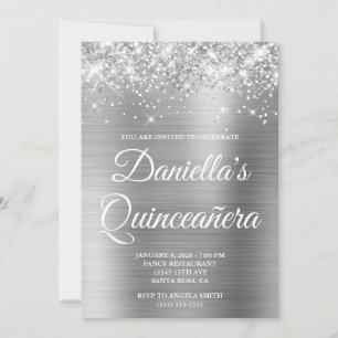 Glänsande glitter silverfolie Quinceañera Inbjudningar