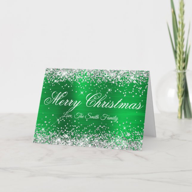 Glänsande grön silverglitter metallfolie God Jul Kort (Framsida)