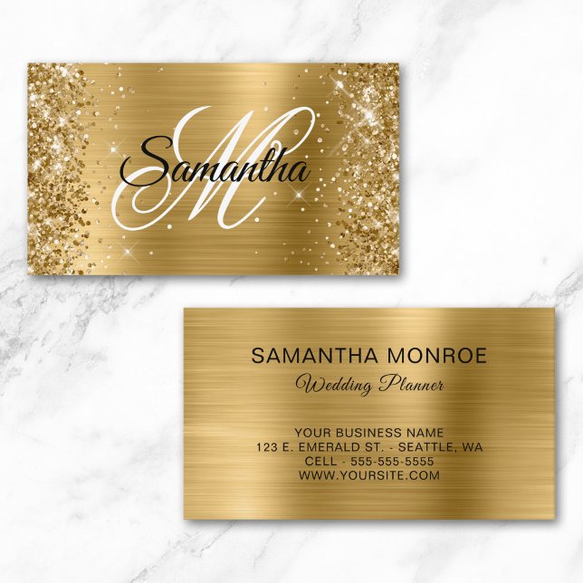 Glänsande guld folie fancy monogram bröllopsplaner visitkort (Glittery Gold Foil Fancy Monogram Wedding Planner Business Card)