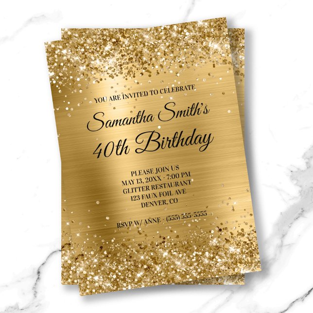 Glänsande Guld Glitter Borstad Folie Monogram Föde Inbjudningar (Shiny Gold Glitter Brushed Foil Monogram Birthday Invitation)