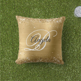 Glänsande Guld Glitter Folie Elegant Monogram Kudde