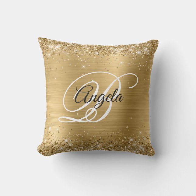 Glänsande Guld Glitter Folie Elegant Monogram Kudde (Framsida)