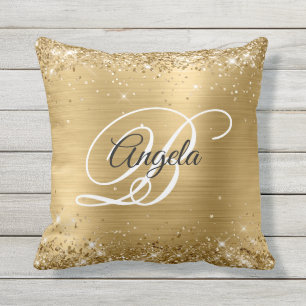 Glänsande Guld Glitter Folie Elegant Monogram Kudde