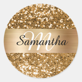 Glänsande Guld Glitter Shimmer Monogram Runt Klistermärke