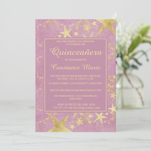 Glänsande guld på rosa Quinceanera-inbjudan Inbjudningar (Stående Fram)