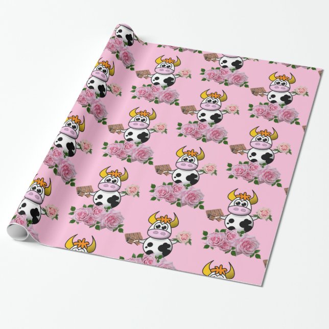 Glänsande Inpackningspapper, Rosa Rosor Ko Choklad Presentpapper (Utrullad)
