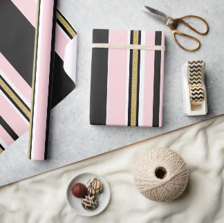 Glänsande inslagspapper Rosa Vitt Guld SvartRand Presentpapper