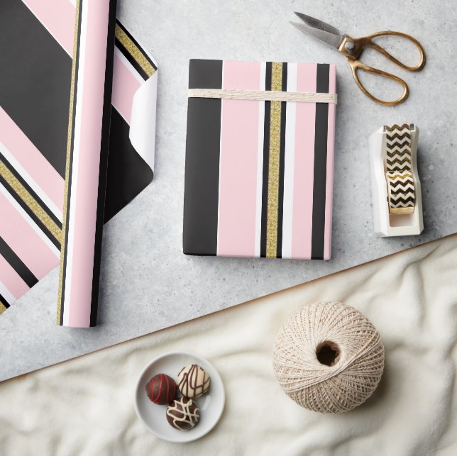 Glänsande inslagspapper Rosa Vitt Guld SvartRand Presentpapper (Hantverk)