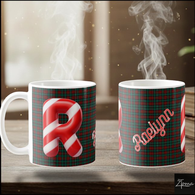 Glänsande julstav i randigt godisstrip, bokstaven  kaffemugg (Skapare uppladdad)