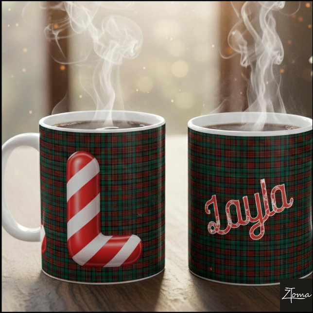 Glänsande julstav i randigt godisstrip med L Kaffemugg (Skapare uppladdad)