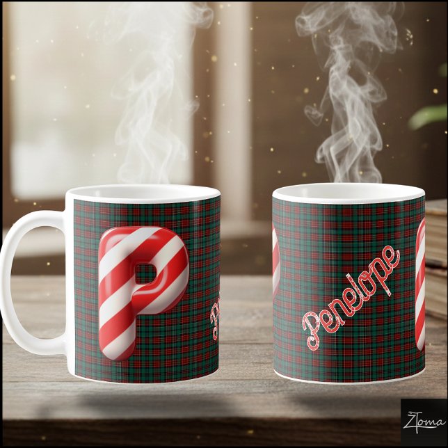 Glänsande julstav i randigt godisstrip mönster P Kaffemugg (Skapare uppladdad)