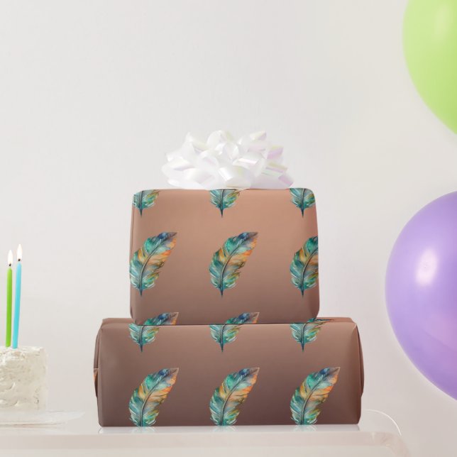 Glänsande kopparfärgat papper Orange Gröna Fjädrar Presentpapper (Festgåvor)