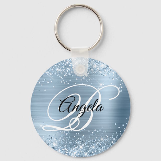 Glänsande ljusblå folie fancy monogram nyckelring (Framsida)