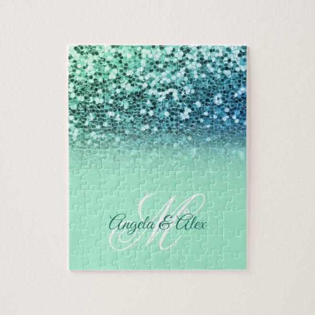 Glänsande mintblå glitter turkos ombré monogram pussel (Vertikal)