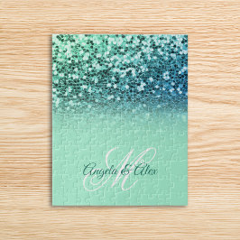 Glänsande mintblå glitter turkos ombré monogram pussel