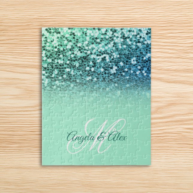 Glänsande mintblå glitter turkos ombré monogram pussel (Sparkly Mint Blue Glitter Turquoise Ombre Monogram Jigsaw Puzzle)