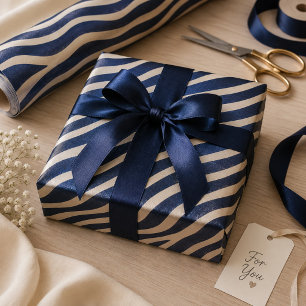 Glänsande Navy & Crème Zebraränder Elegant Djur Presentpapper