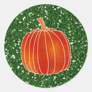 Glänsande Orange Höst Pumpa Grön Glitter Present Runt Klistermärke